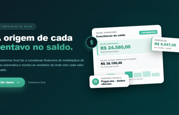 Dashboard de conciliacao de saldo com saldo disponivel R$ 24.580 e saldo futuro R$ 38.190 - Plataforma Soul