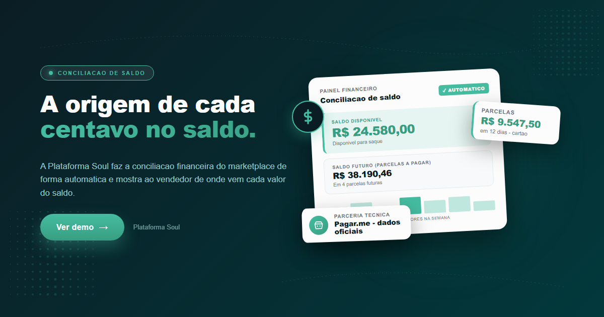 Dashboard de conciliacao de saldo com saldo disponivel R$ 24.580 e saldo futuro R$ 38.190 - Plataforma Soul