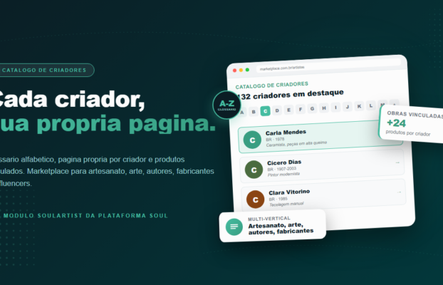 Home Soulmkt Mockup do catalogo de criadores com glossario alfabetico A-Z e cards de criadores - Plataforma Soul