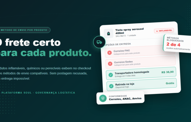 Home Soulmkt Checkout mostrando metodos de frete bloqueados e permitidos para produto inflamavel - Plataforma Soul