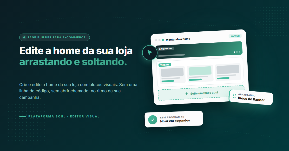 Editor visual de arrastar e soltar da Plataforma Soul montando a home de uma loja
