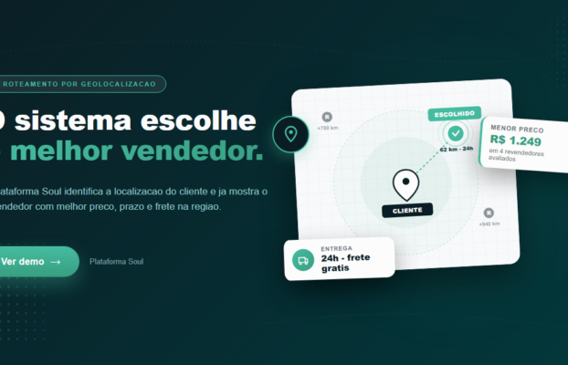 Diagrama com pin do cliente no centro, 4 revendedores ao redor e 1 destacado em verde Soul