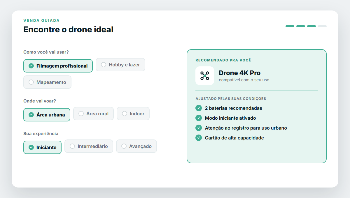Exemplo de venda guiada para drone: perguntas de uso e ambiente geram a recomendacao com acessorios