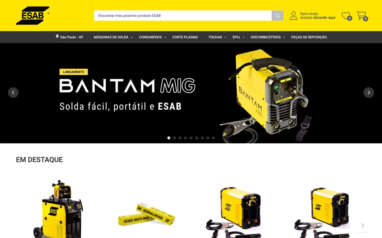 Primeira tela da loja oficial da ESAB no Brasil, na Plataforma Soul