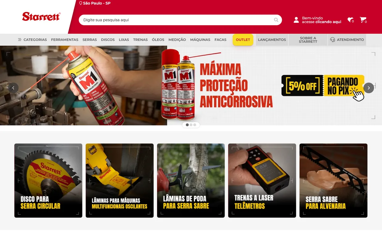 Primeira tela da loja oficial da Starrett no Brasil, na Plataforma Soul